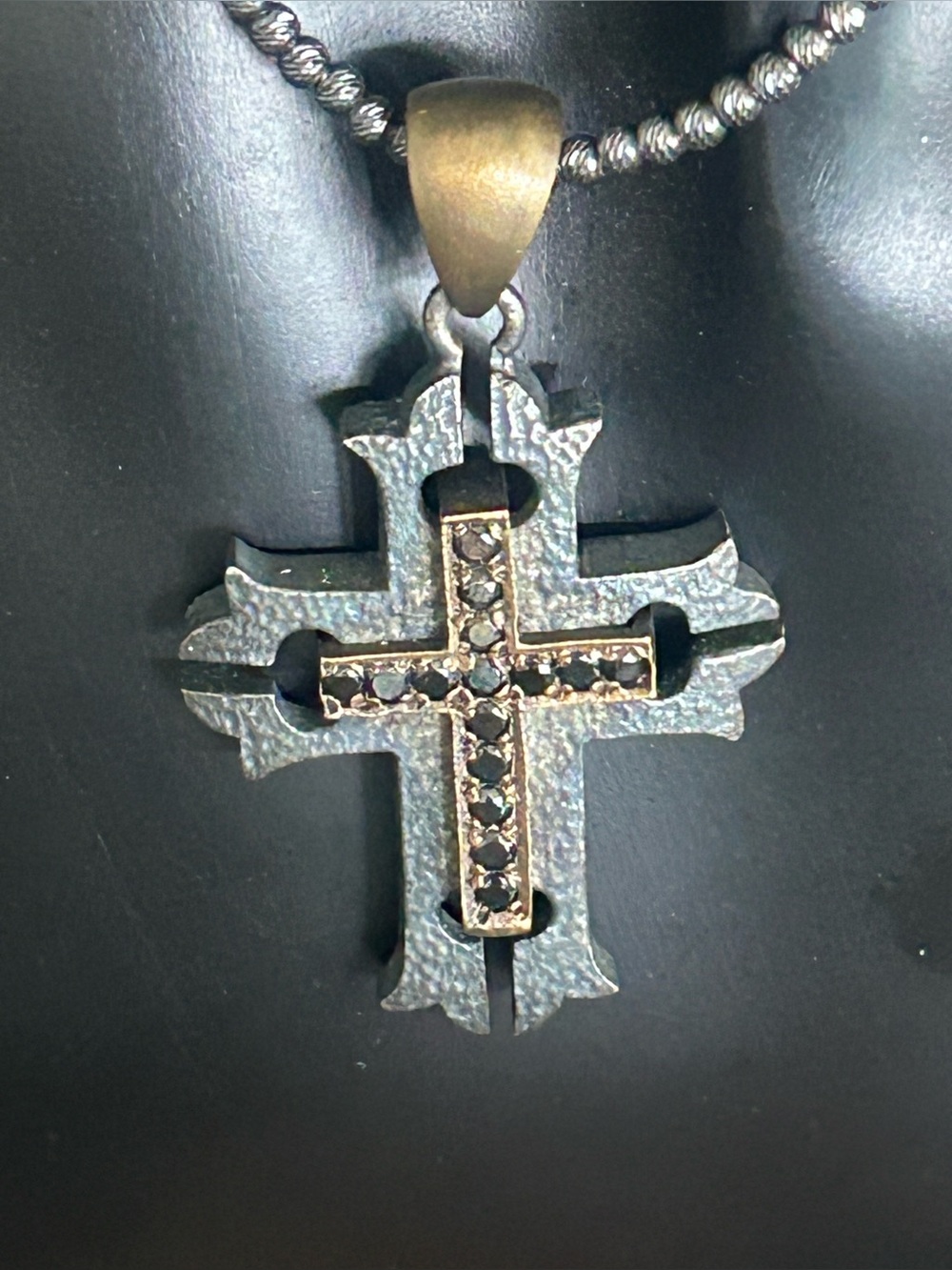 Vintage Antiqued Gothic Black Gemstone Cross